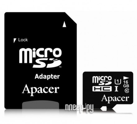 Карта памяти 16Gb - Apacer - Micro Secure Digital HC Class 10 UHS-I U1 AP16GMCSH10U1-R с переходником под SD  (Оригинальная!)