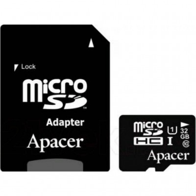Карта памяти 32Gb - Apacer - Micro Secure Digital HC Class 10 UHS-I U1 AP32GMCSH10U1-R с переходником под SD  (Оригинальная!)