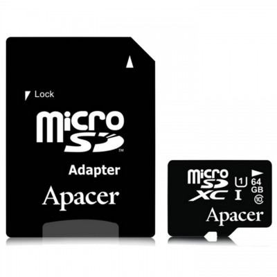 Карта памяти 64Gb - Apacer - Micro Secure Digital XC Class 10 UHS-I U1 AP64GMCSX10U1-R с переходником под SD (Оригинальная!)