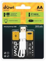 Аккумулятор AA - Duwi USB-C, Li-ion 1.5V 1800 mAh (2 штуки) + кабель для зарядки 62010 5