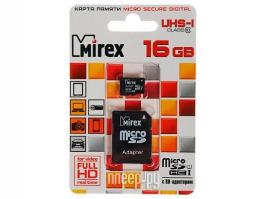 Карта памяти 16Gb - Mirex MicroSD Class 10 UHS-I 13613-ADSUHS16 с адаптером SD (Оригинальная!)