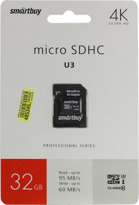 Карта памяти 32Gb - SmartBuy MicroSD Class 10 Pro UHS-I U3 SB32GBSDCL10U3L-01 с адаптером SD (Оригинальная!)