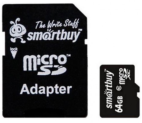 Карта памяти 64Gb - SmartBuy MicroSD Class 10 SB64GBSDCL10-01LE с адаптером SD (Оригинальная!)