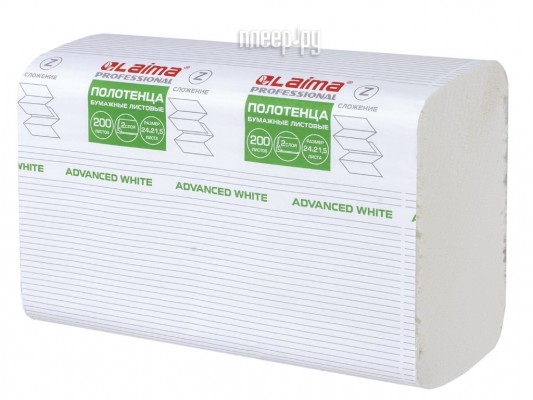 Полотенца бумажные Лайма Advanced White 2-слойные 24х21.5cm 200шт 111338