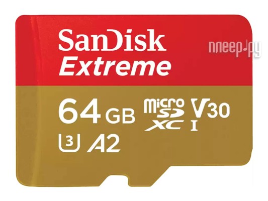 Карта памяти 64Gb - SanDisk Extreme Micro Secure Digital XC Class 10 UHS-I A2 C10 V30 U3 SDSQXAH-064G-GN6GN (Оригинальная!)