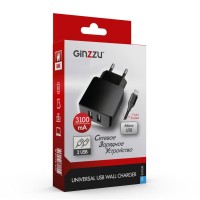 Зарядное устройство Ginzzu 2xUSB 3.1A Black + кабель micro-USB 1.0m GA-3312UB