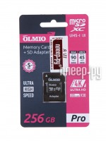 Карта памяти 256Gb - Olmio Micro Secure Digital XC UHS-I U3 V30 43825 с переходником под SD  (Оригинальная!)