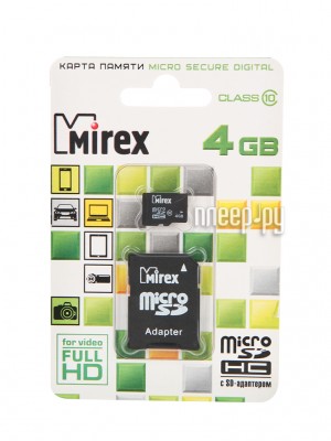 Карта памяти  4Gb - Mirex - Micro Secure Digital HC Class 10 13613-AD10SD04 с переходником под SD (Оригинальная!)